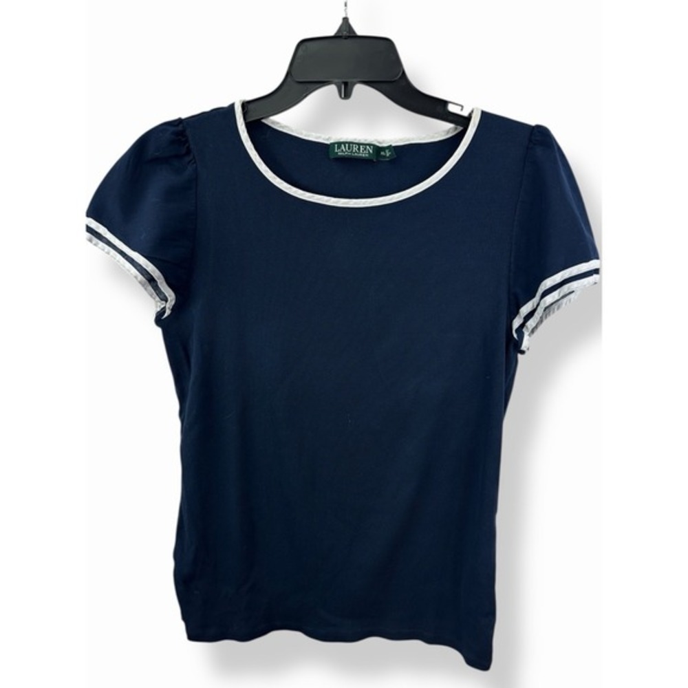 Lauren Ralph Lauren‎ XL Ribbed Top Flutter Sleeve Navy Blue Baby Tee Shirt- EUC
